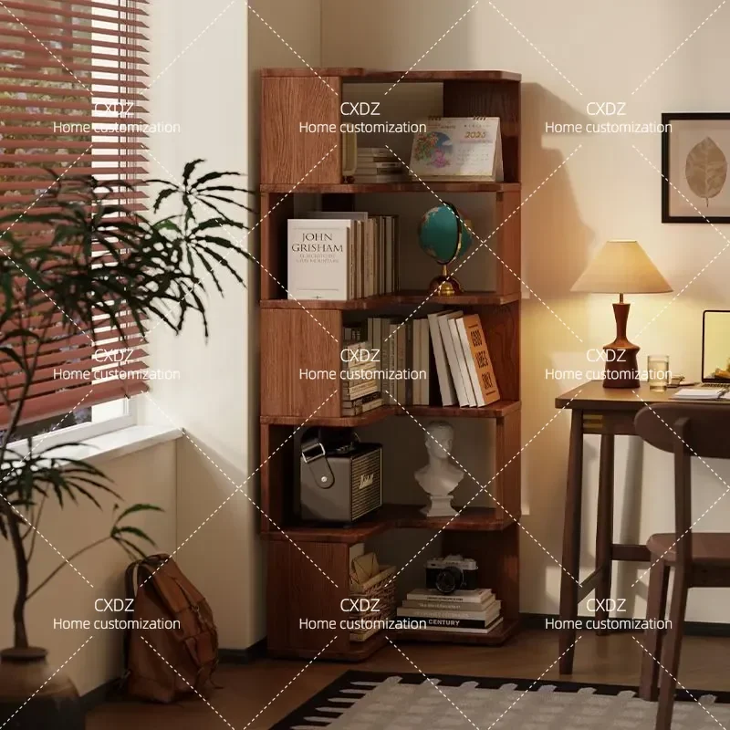 Solid Wood Corner Bookshelf Multi Layer Storage Cabinet Simple Floor Standing Shelf for Living Room Household Organization