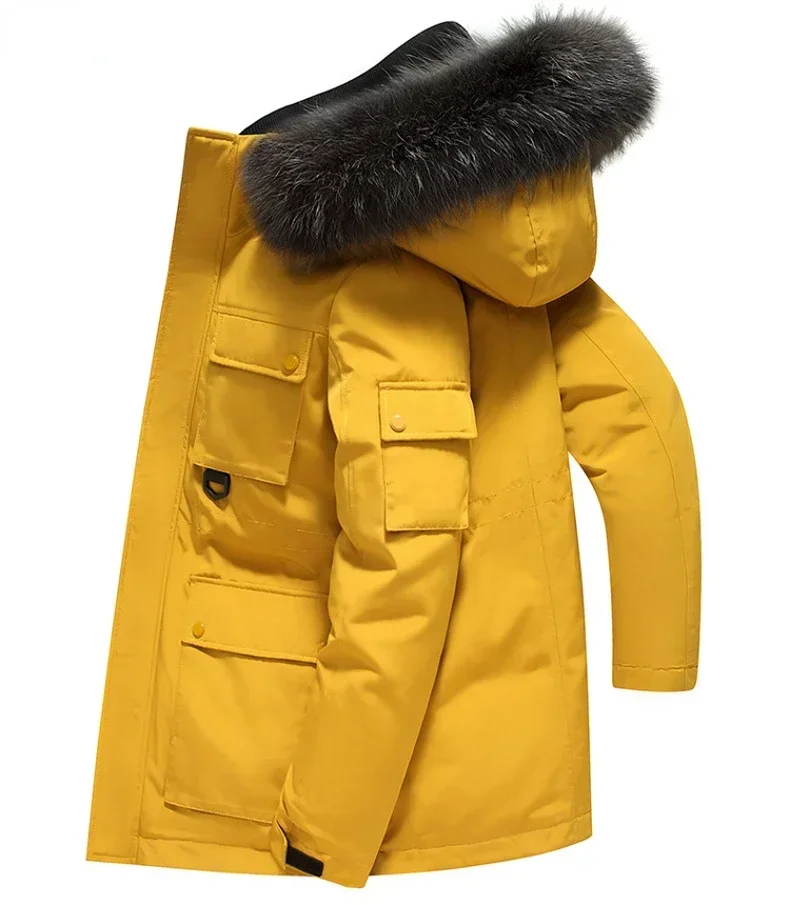 Doudoune longue en duvet de canard blanc pour homme avec col en fourrure, manteau à capuche coupe-vent pour homme, parka de travail haut de gamme, chaud, optique, ski, décontracté, hiver