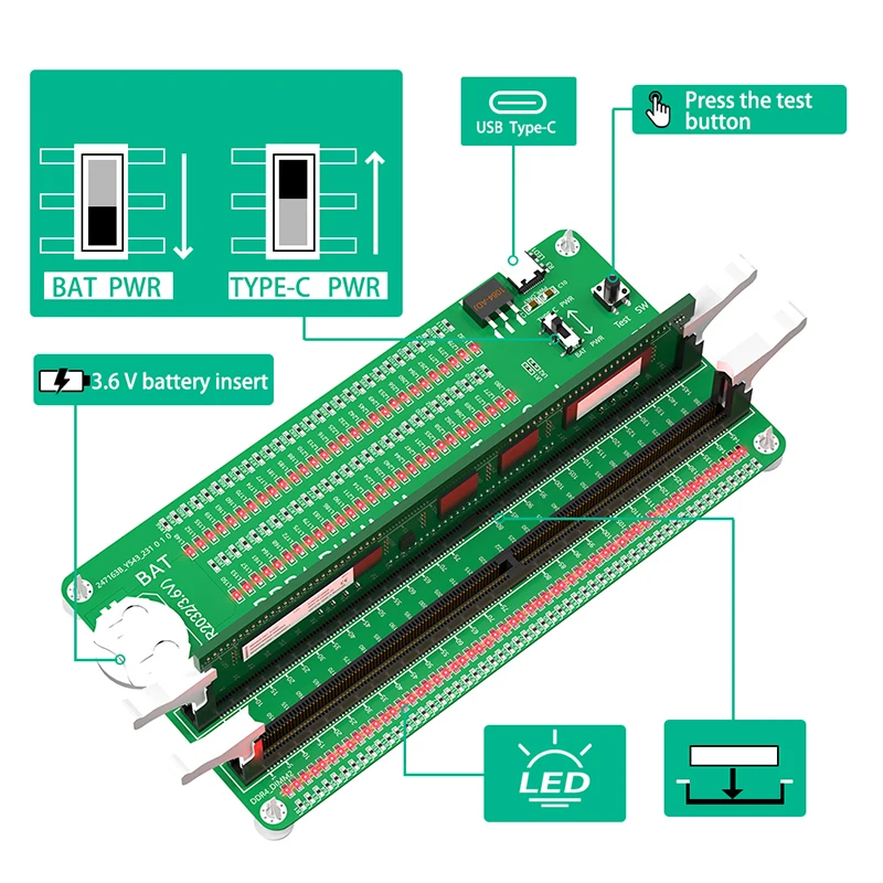 Gniazdo pamięci płyty głównej komputera stacjonarnego 2x pamięć DDR4 DIMM RAM Test Adapter diagnostyczny ze wskaźnikami LED Długi zatrzask Karta testowa