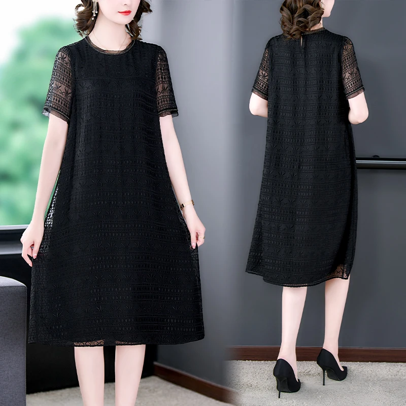 2023 Spring and Summer New Short Sleeve Black Silk Embroidery Dress O-Neck Mesh Splice Women's Loose Large Slim Knee LengthDress