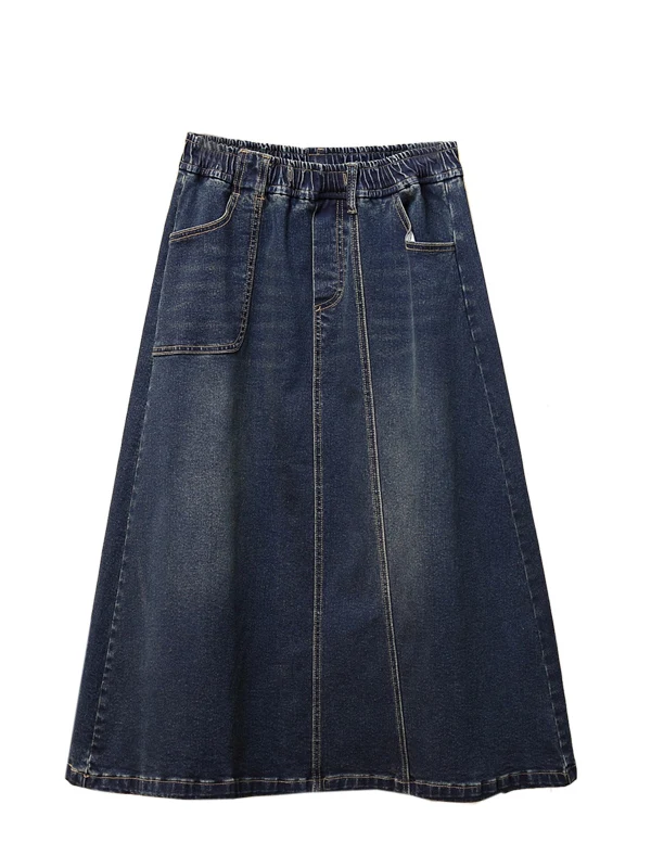 ファイオナブル・ティエネド・エラスティック・ウエスト・ルーズ・ミッドレングス・デニムスカート（プラスサイズ女性向け、秋冬新作、お腹をカバーする）