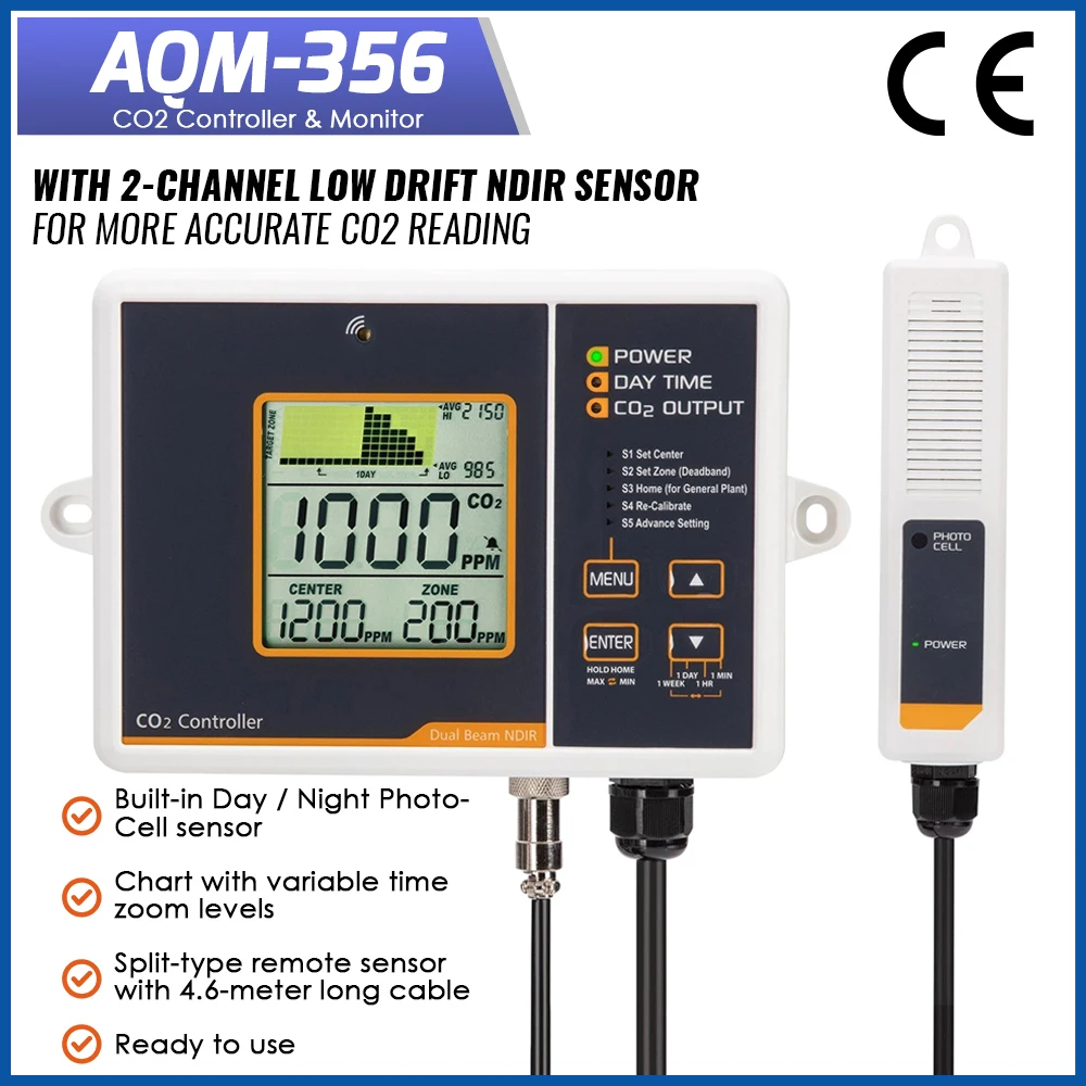 Carbon Dioxide Monitor CO2 Controller w/ 4.6 Meters Dual Beam NDIR, Day Night Detector Sensor For Greenhouse, Mushrooms