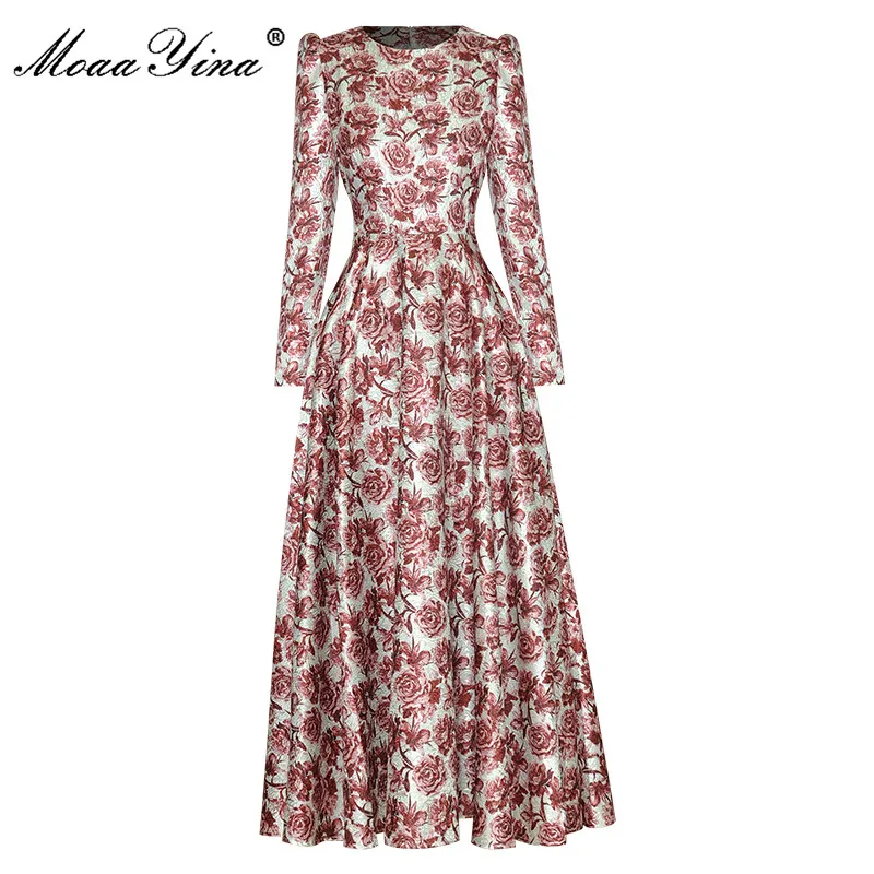 MoaaYina Spring Designer Runway Fashion Dress Women's O-neck Long sleeve Floral Print Vacation Party Vintage Maxi Dresses