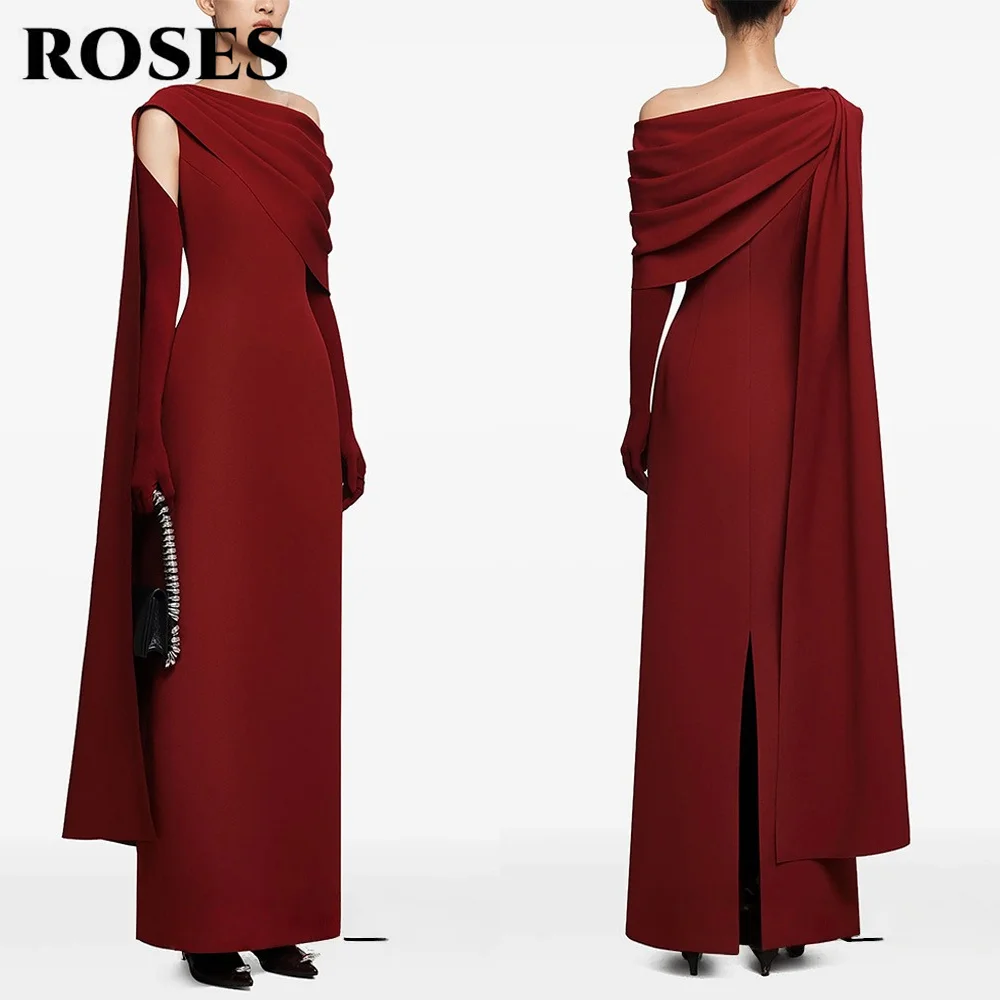 

ROSES Regal Burgundy Prom Dress Asymmetric One - Shoulder Party Dress with Cape - like Sleeve Satin Formal Dresses Customized