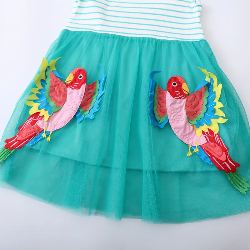 Jumping Meters Summer Hot Selling Children\'s Party Girls Dresses Birds Applique Princess Birthday Animals  Baby Frocks Costume