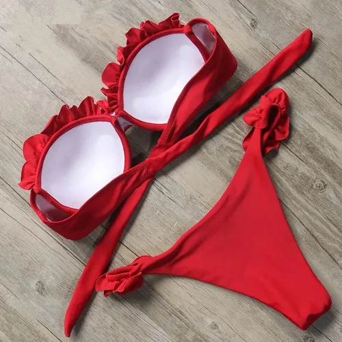 Imagen 2 del producto Bikini Sexy con volantes y sujetador para mujer, traje de baño Bandeau con copa, traje de baño femenino, conjunto de Bikini de dos piezas, traje de baño Push Up