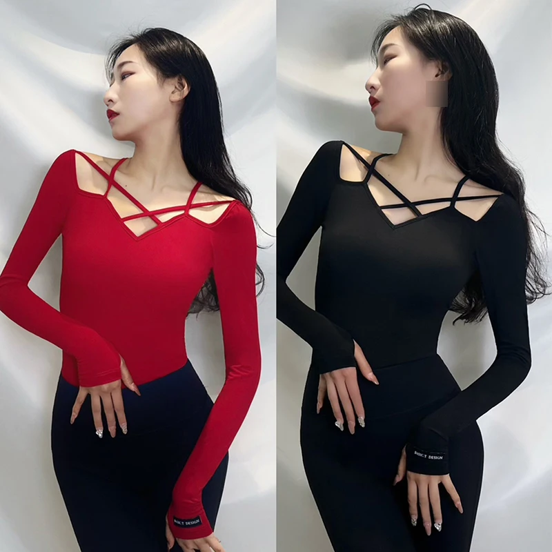 2024 Latin Dance Tops For Women Long Sleeves Red Black Bodysuit Adult Ballroom Dance Practice Clothes Rumba Dance Wear DNV19866