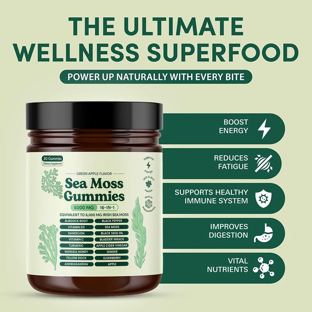 

Sea Moss Gummies 16-in-1 Ashwagandha Black Seed Oil Bladder Wrack Turmeric Vitamin C D3 with Manuka Burdock Root Dandelion Apple