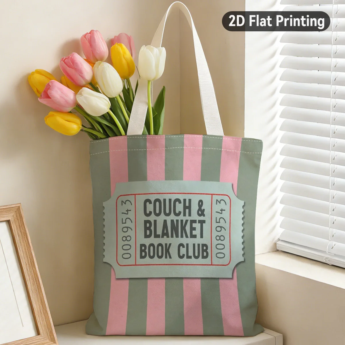 Large Striped Ticket Design Tote Bag Couch and Blanket Book Club Ticket Pattern Ideal for Grocery Shopping Book Club Meeting