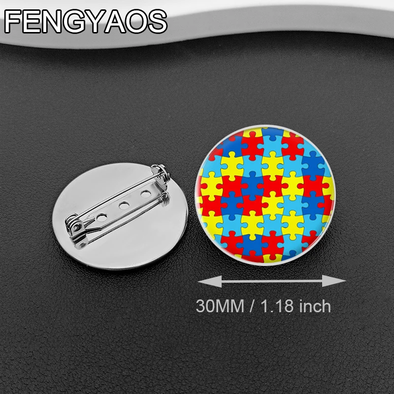 Stainless Steel Autism Awareness Badge Autistic Symbol Brooch Fashion Backpack Decoration Pins Round Jewelry Women Gift