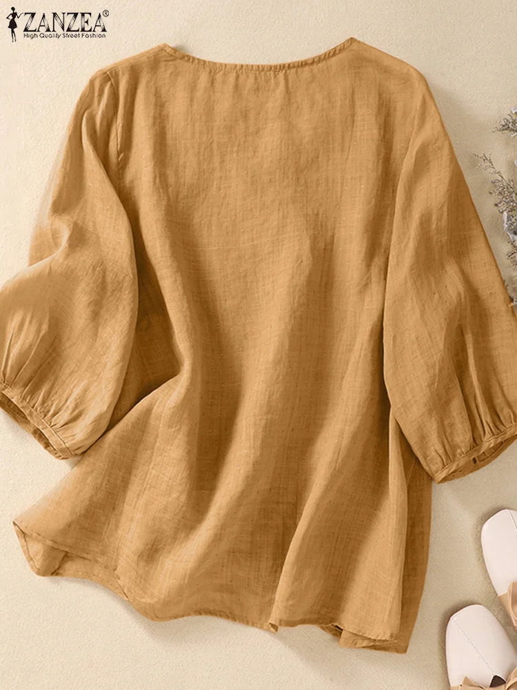 ZANZEA Vintage V-neck Blouses Women Oversize Everyday Casual Blusas Mujer 3/4 Sleeve Leisure 2024 Summer Solid Color Tunic Tops