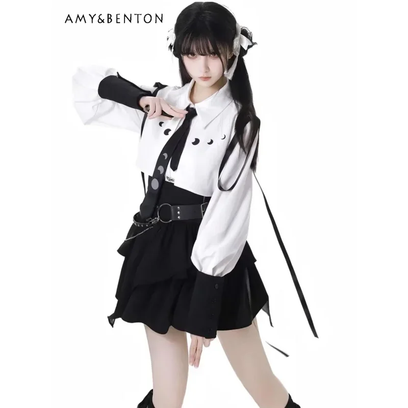 25COSSweet فتاة باردة الصليب الدانتيل يصل قميص سليم الصناعة الثقيلة الرجعية المطبوعة حزام غير النظامية تنورة قطعتين مجموعة النساء ثقافة فرعية