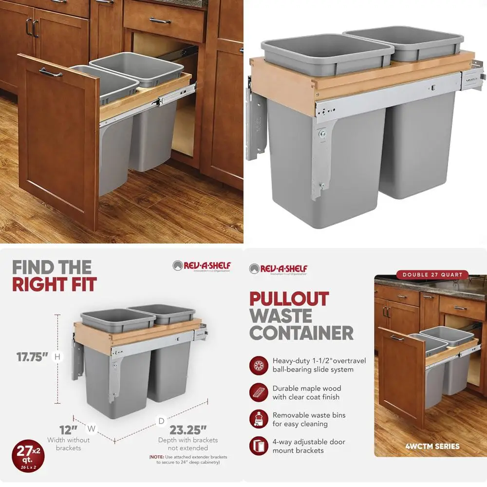 

Double Pullout Trash Can, 27 Quart Capacity, Soft Close, 150 lbs Slides, Under Cabinet Mount