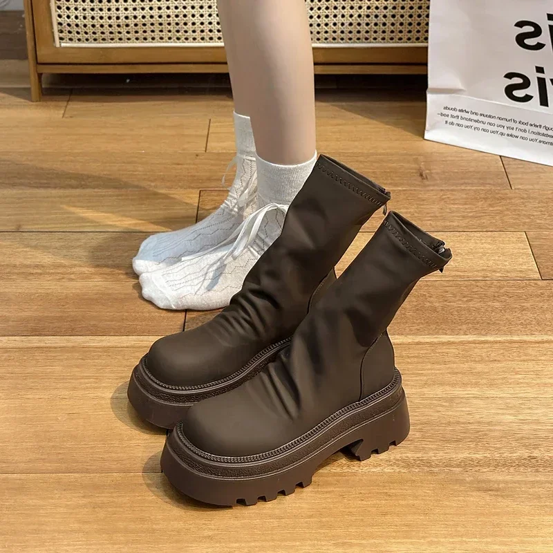 Platform Heel Women Short Booties Fashion Back Zippers Ankle Booties Retro Style Autumn Winter Female Shoes