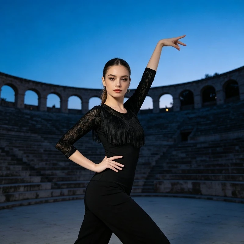 

Adult Women's Round Neck Lace Tassel Dance Top National Standard Latin Modern Gitaba Square Dance Slimming Practice Dress
