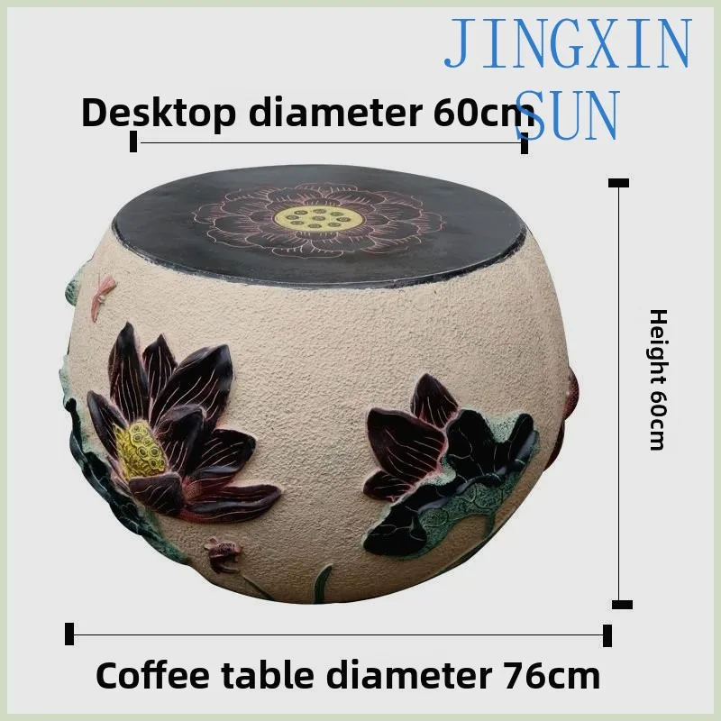 Pastoral lotus coffee table set, small yard, open-air balcony, tea table, stool combination, villa courtyard decoration ornament