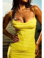 Articat Elegant Spaghetti Strap Mesh Patchwork Double Layered Dress Women Bodycon Sexy  Zipper Party Club Evening Dress Holiday