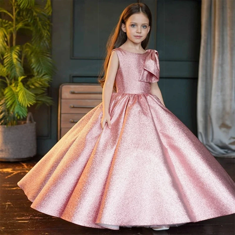 

Flower Girl Dresses Cute Pink Shiny With Bow A-line Skirt Sleeveless For Wedding Birthday Party Banquet Princess Gowns