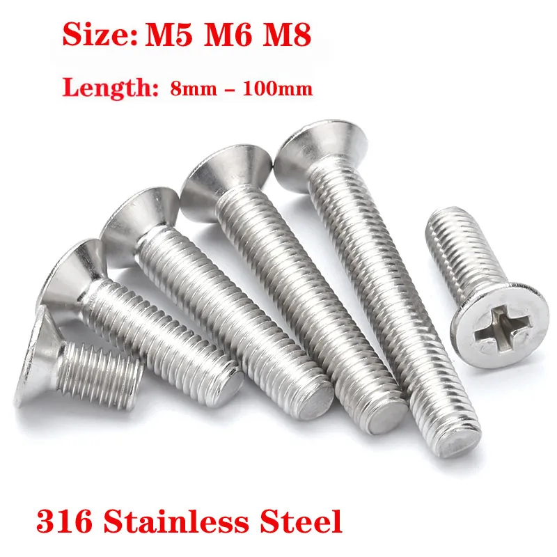 M5 M6 M8 Marine Grade A4 316 Stainless Steel Countersunk Head Cross Phillips Screws Metric Thread 8mm-100mm Machine Screw Bolts