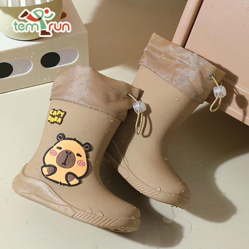Cartoon Capybara Pattern Children's Rain Boots For Boys And Girls Rubber Anti-Slip Elastic Band Student Waterproof Rain Boots