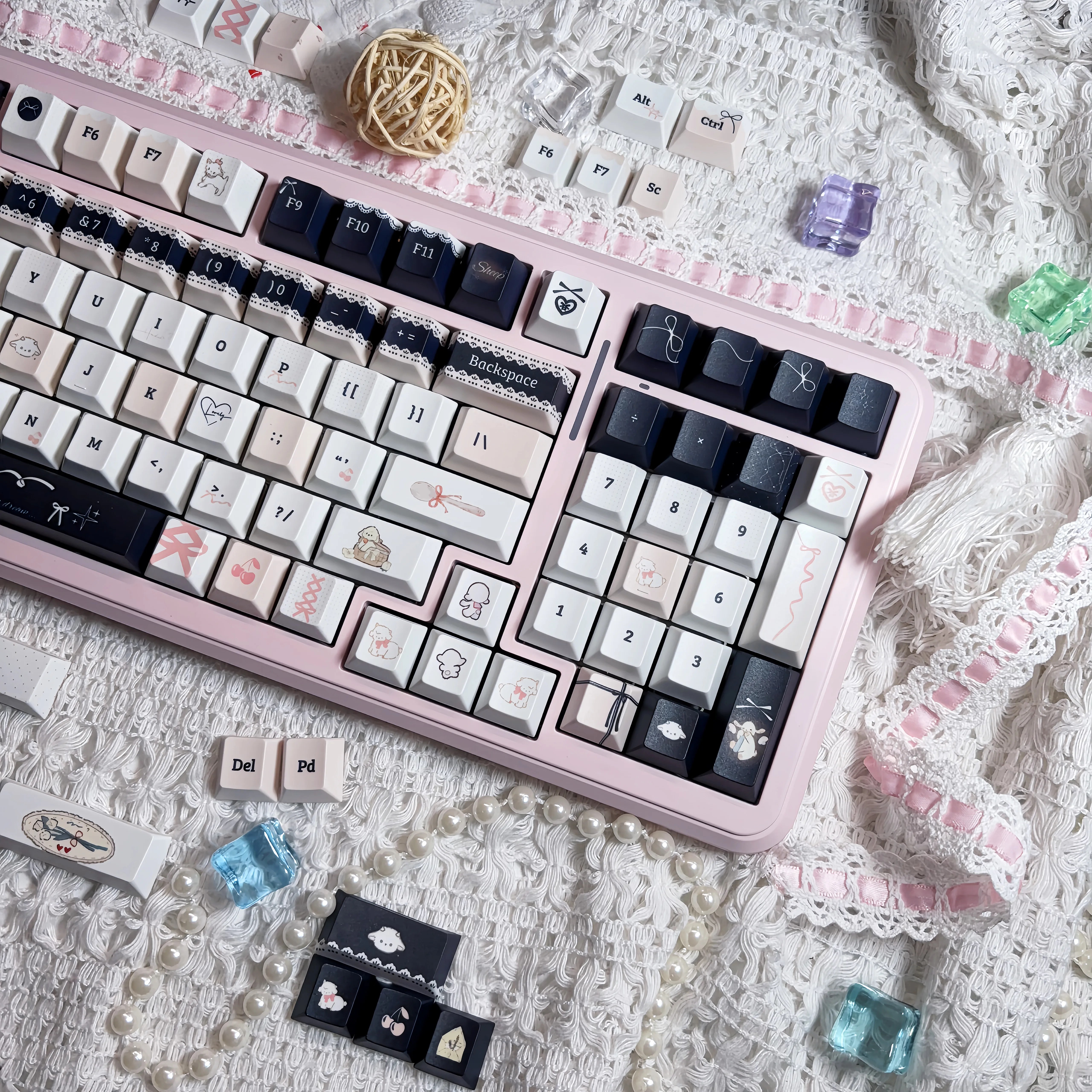 مجموعة أغطية مفاتيح من الدانتيل على شكل الأغنام PBT Cherry Profile أغطية مفاتيح أصلية مصنوعة يدويًا لملحقات لوحة المفاتيح الميكانيكية هدية DIY #2