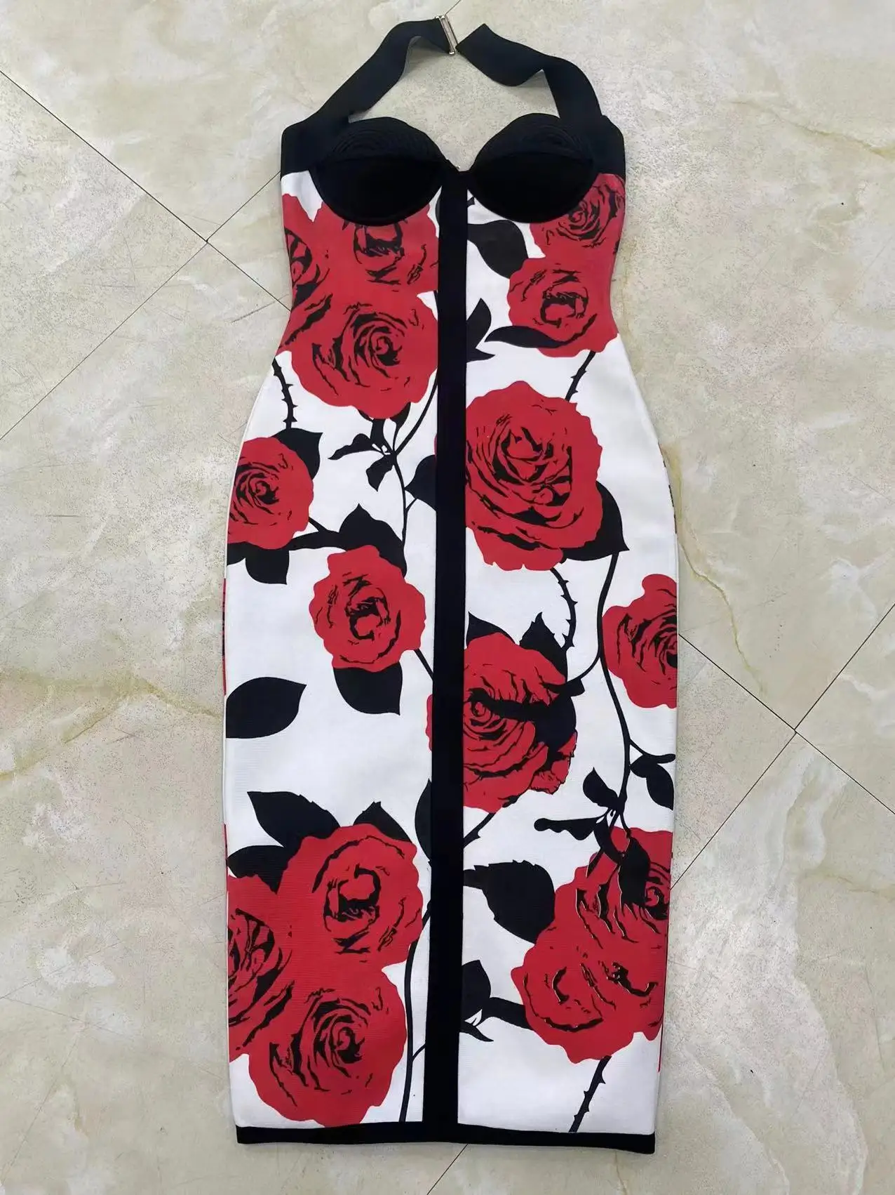 Sexy Red Rose Print Full Body Halter Backpack Buttock Skirt