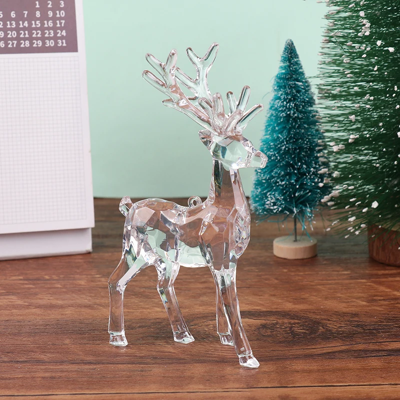 Transparent Acrylic Christmas Deer Figurines Cake X-mas Tree Desktop Ornament Elk Reindeer Sculpture Home Office Decoration