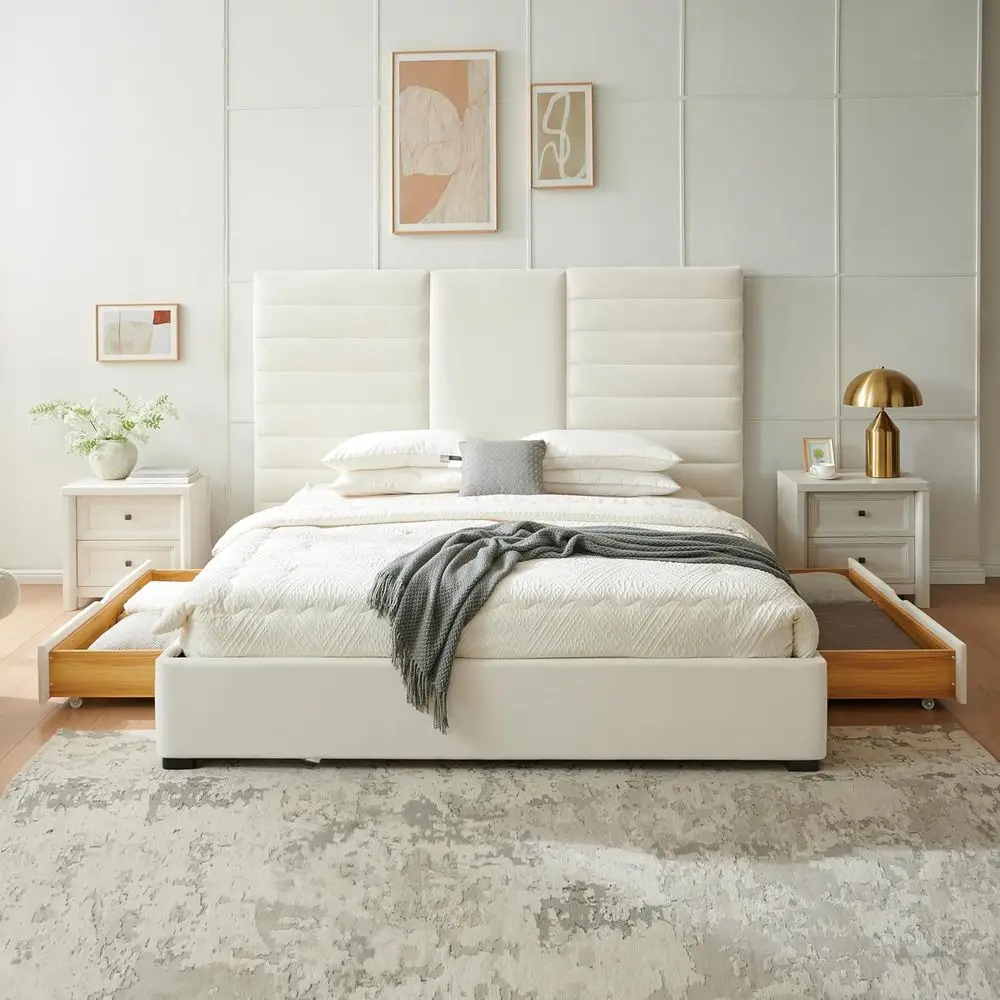 โครงเตียงแพลตฟอร์มกำมะหยี่สีครีมพร้อมลิ้นชักเก็บของและแผ่นไม้ ไม่ต้องใช้สปริงกล่อง ประกอบง่าย