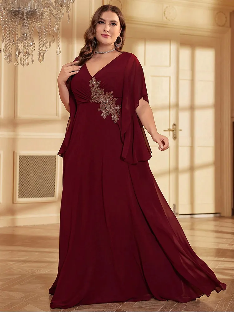 S-7xl Grote Maat V-Hals Bordeauxrode Korte Mouwen Chiffon Appliqué Avondjurk Tot Op De Grond Maxi Elegante Luxe Avondjurk