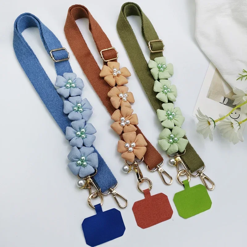 Mobile Phone Lanyard Adjustable Crossbody Pearl Flower Plush Patterned Shell Universal Detachable Anti Drop Plush Not Tight Neck