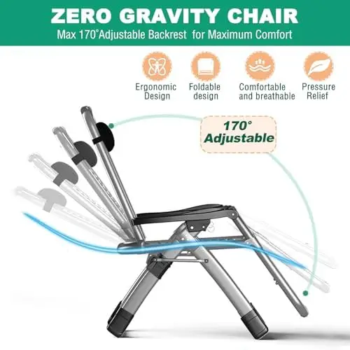 Zero Gravity Chair Oversized XL, Premium Lawn Recliner Folding Portable Chaise Lounge with Detachable Cushion, Headrest
