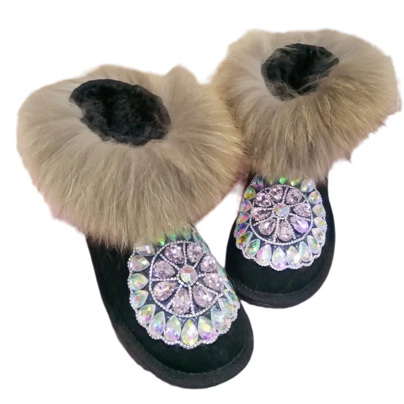 Women's Winter Warm Mink Fur Snow Boots Furry Handmade Rhinestones Cow Suede Ladies Cute Plush Flat Ankle Boots Winter Shoes