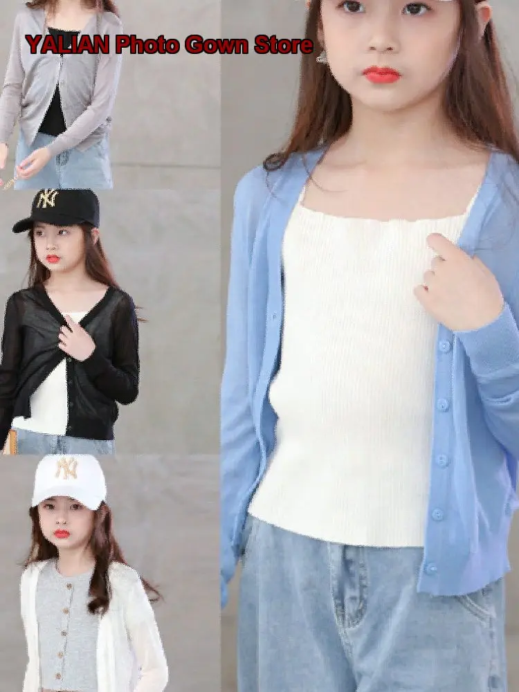 Girls Knit Cardigan Kids Autumn Summer Round Neck Knit Top Solid Color Thin Breathable Soft Older Kids