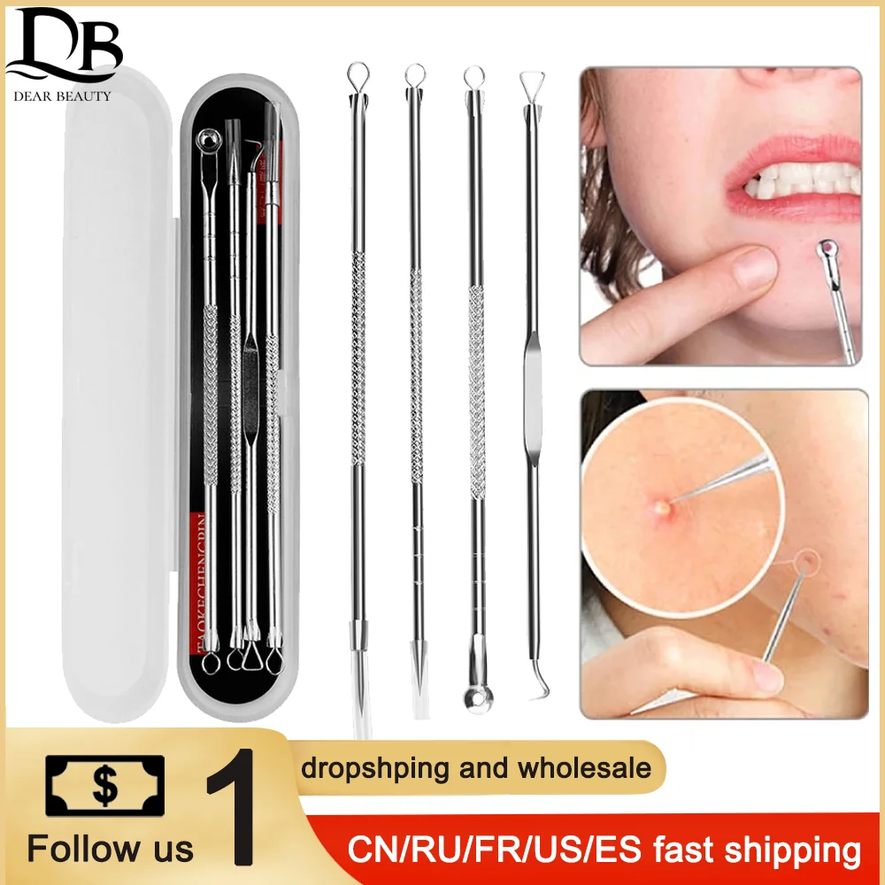 إبرة حب الشباب من الفولاذ المقاوم للصدأ مزدوجة الأطراف ، إزالة عيوب الرؤوس السوداء ، البثور ، تنظيف الوجه ، العناية بالبشرة ، 4-طقم