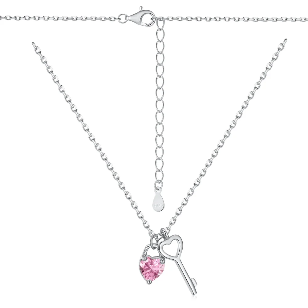 S925 Sterling Silver Pink Heart-Shaped Love Zircon Hollow Key Pendant Simple Design Exquisite Small Chain Necklace