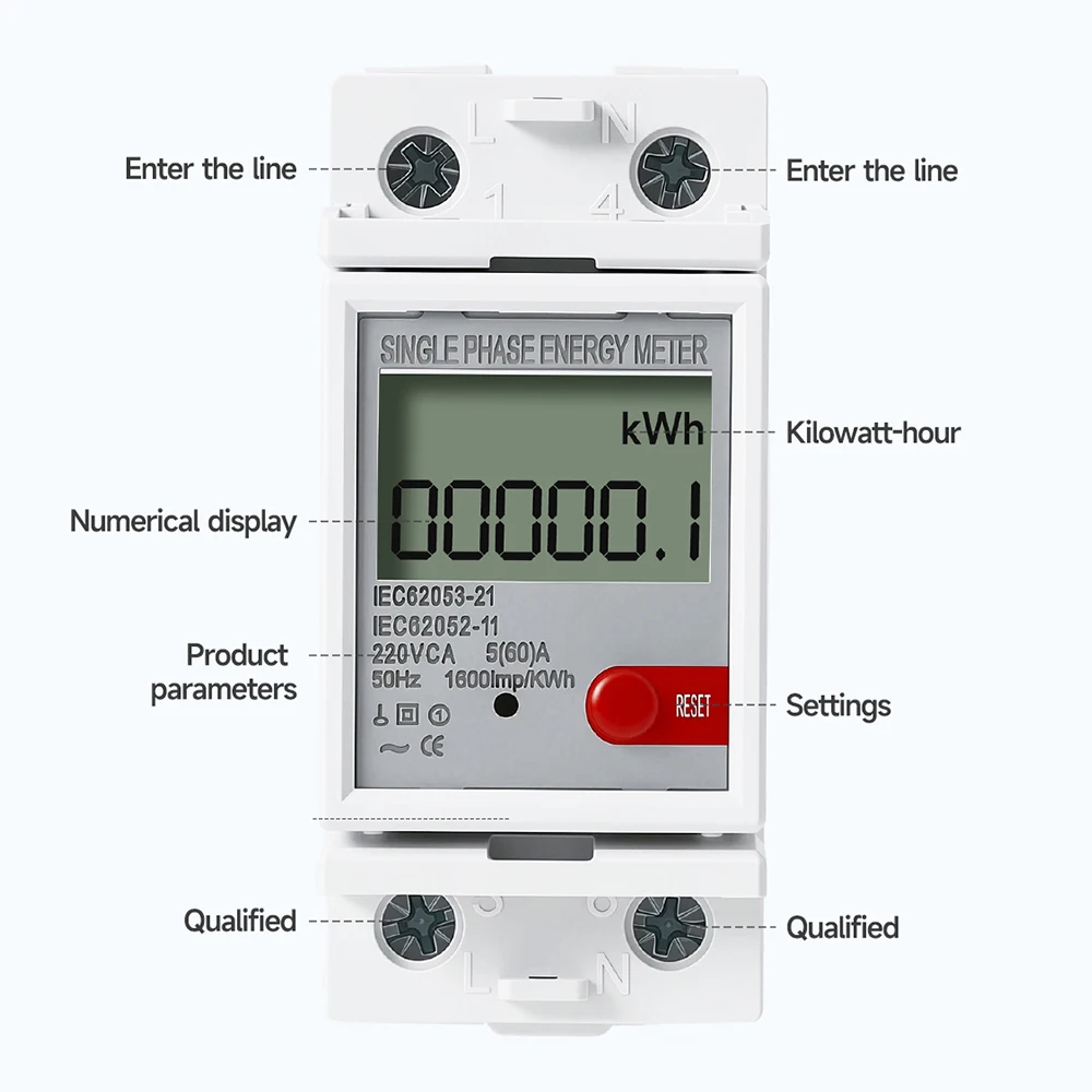 LCD Display kWh Meter 220V 5(60)A Energy Meter kWh50Hz AC Digital Energy Meter Reset Zero Energy Meter Household Energy