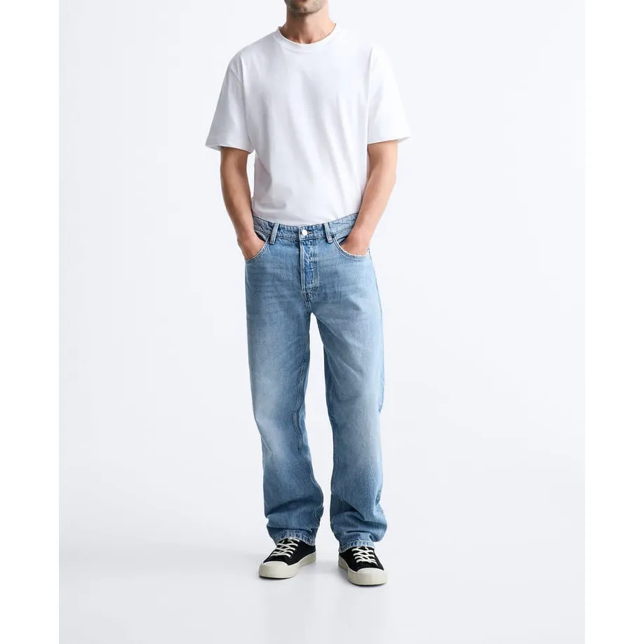 Spring New Men's Casual Straight Leg Jeans with Pocket Versatile Washed Effect Retro Denim High Waist Resistant to Deformation