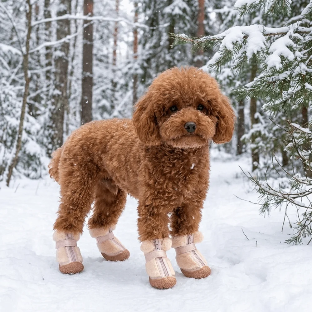 4 PCS/SET Plush Lined Winter Dog Snow Boots Comfortable Thickened Anti-Slip Dog Shoes Warm Anti-Freezing Dog Cotton Shoes Hiking