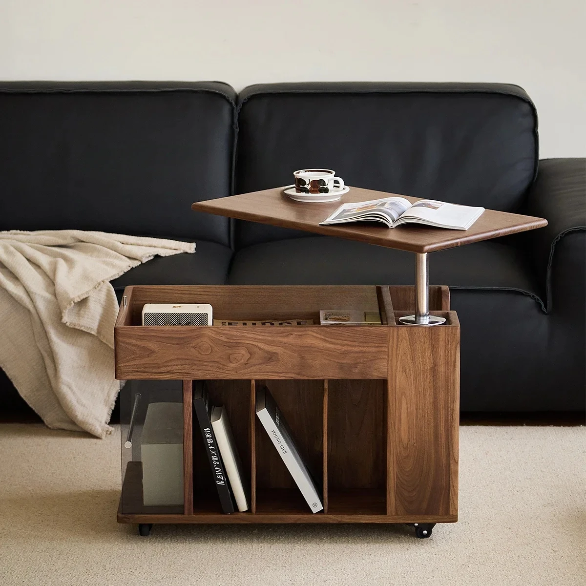 Y1 Black walnut tea table multi-functional mobile home storage trolley sofa liftable side cabinet