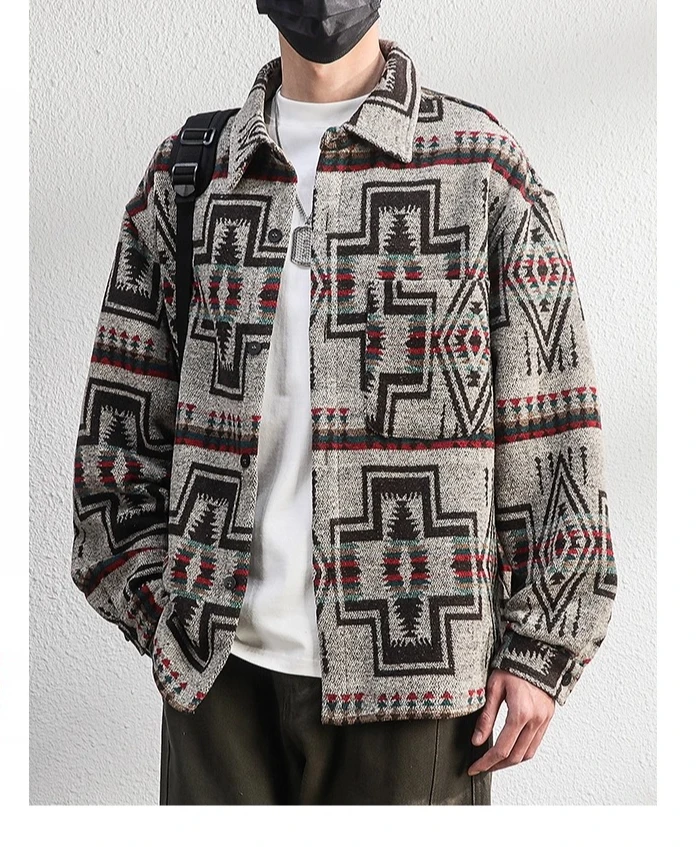 2025 일본 레트로 스타일 남성용 베이지 자카드 브러시드 턴다운 칼라 긴팔 셔츠 루즈 캐주얼 블랙 그레이 재킷