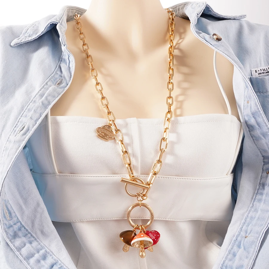 

Colorful Fresh Mushroom Pendant Long Toggle Chain Necklace Resin for Girls Women Cartoon Handmade Multicolor Bohemian Jewelry