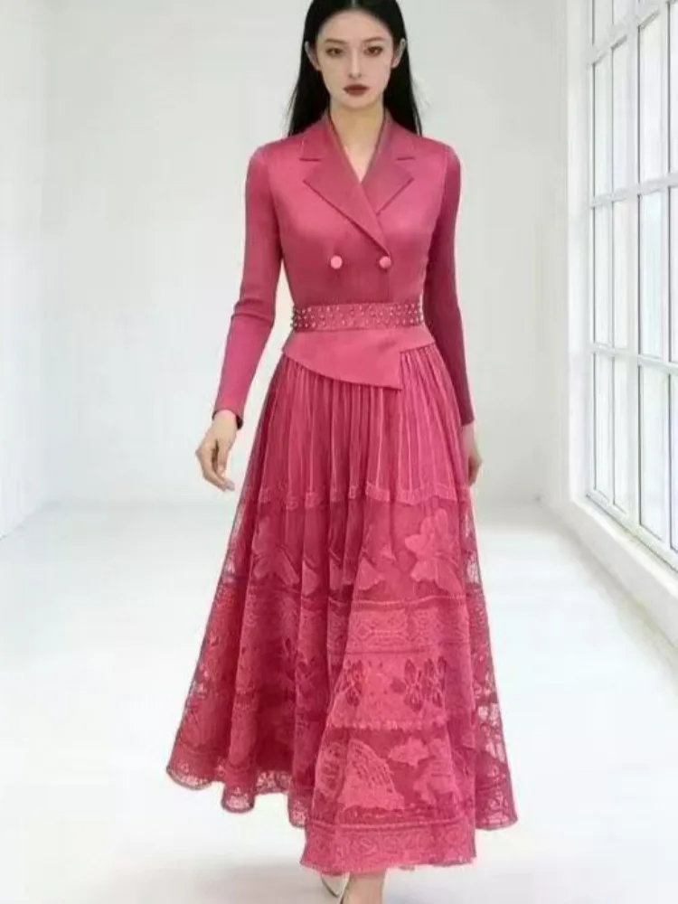 

Новое платье Miyake 2026 с плиссировкой, бисером и объемными цветами, с кружевными вставками, длинными рукавами, для женщин