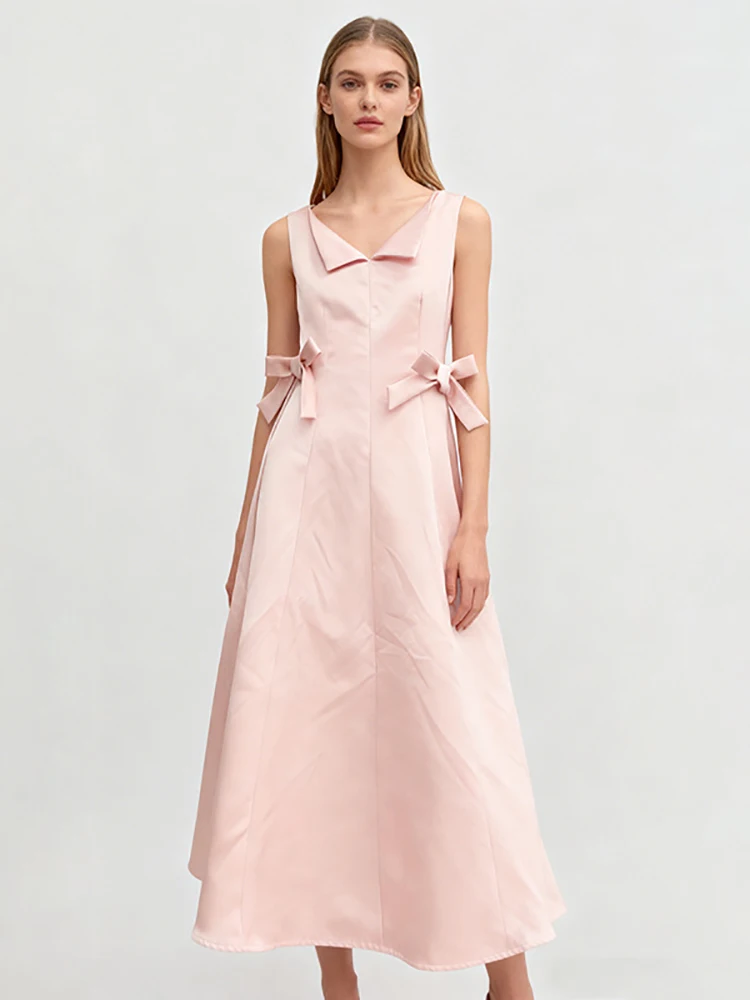 

Sexy V Neck Bowknot Patchwork Long Dress Women Pink Sleeveless Bow High Waist A-line Dresses Elegant Evening Party Gowns