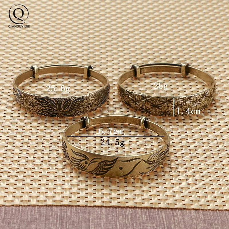 Pulsera abierta de cobre puro para mujer, brazalete clásico de princesa con patrón de Fénix, dragón, loto, estrella de latón Retro, regalos antiguos