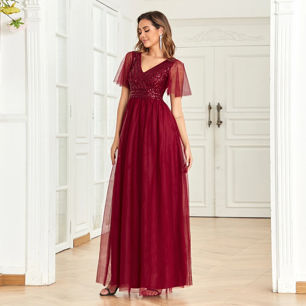 Plus Size 2023 New V-Neck Burgundy Evening Dresses A-Line Tulle Sequin Short Sleeve Wedding Party Long Dress