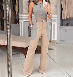 Women's Two-Piece 2024 Spring Summer New Outfit Set of Short Sexy Backless Fashion Top Casual Pocket Belt Straight Leg Pants Set