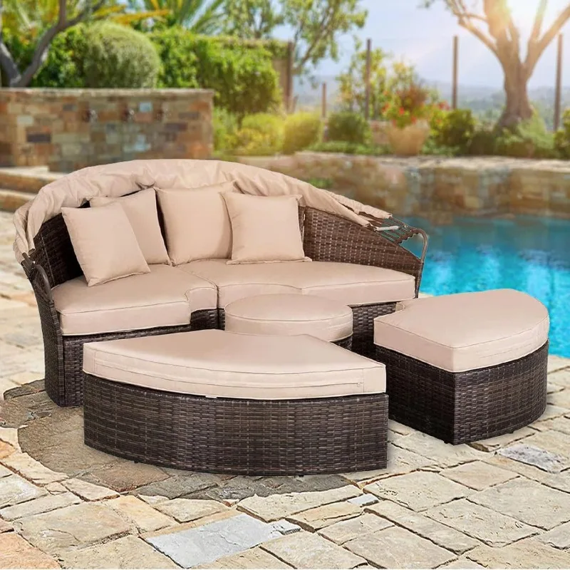 Crownland Outdoor Patio Canopy Bed Round Daybed with Washable Cushions, Clamshell Sectional Seating Wicker Furniture