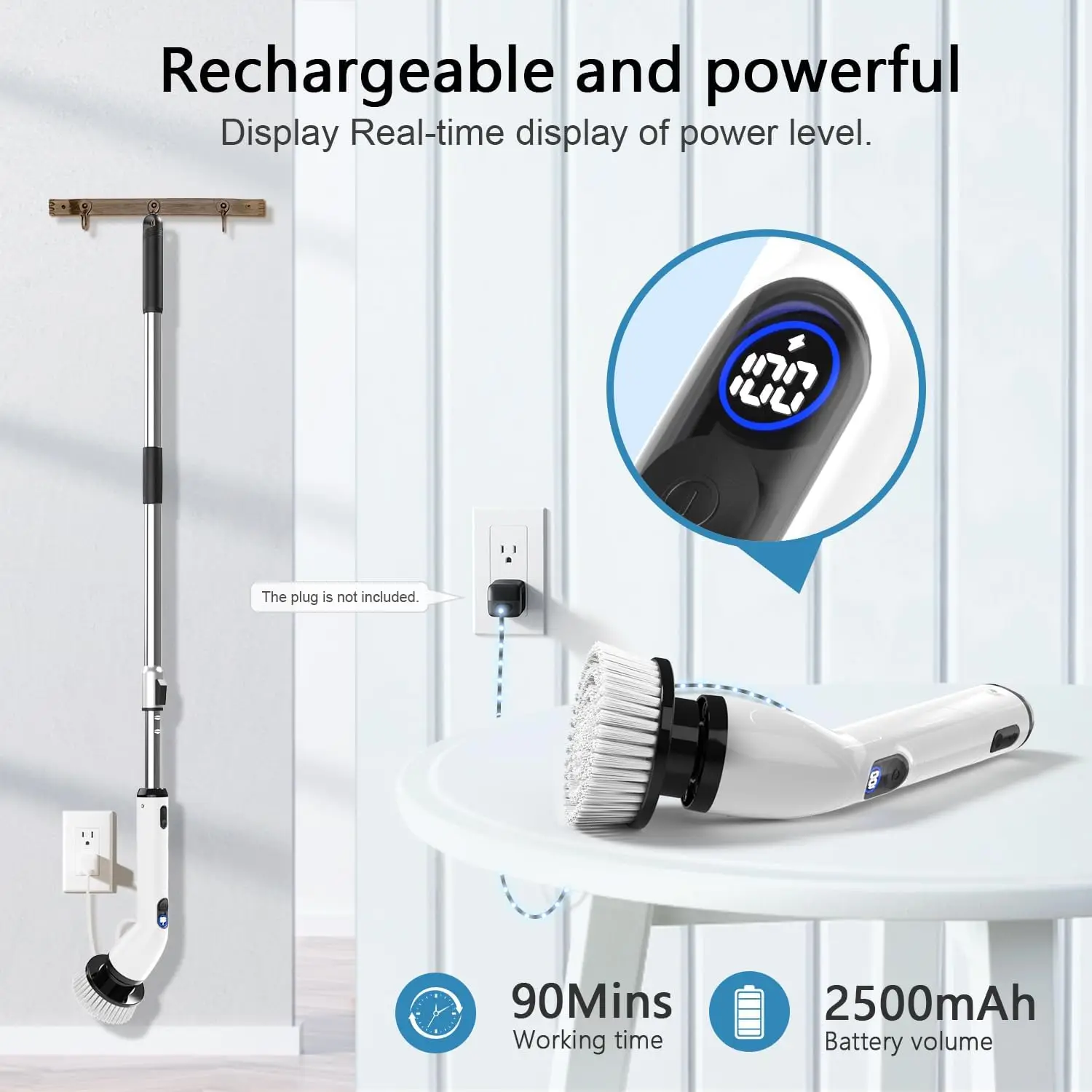 Electric Spin Scrubber, IPX7 Waterproof, LCD Display, Adjustable Handle, Cordless Shower Cleaner for Bath & Kitchen