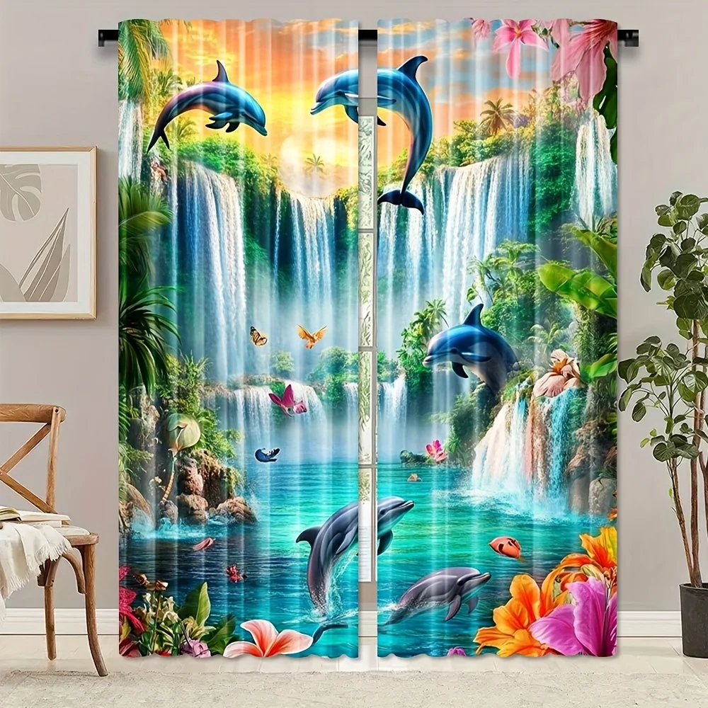 3D Dolphin Waterfall Curtain, Tropical Ocean Scenery Window Drape, Blue Sea Animal Print Panel, Kids Room Beach Decor, Blackout