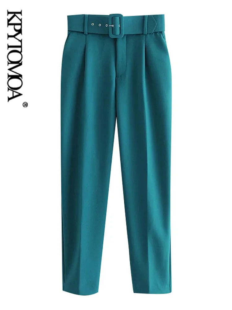 KPYTOMOA Women Fashion With Belt Side Pockets Office Wear Pants Vintage High Waist Zipper Fly Female Ankle Trousers Mujer